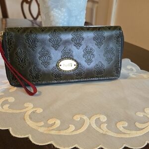 Holii Green Wallet with Monogram Pattern and Red Accent